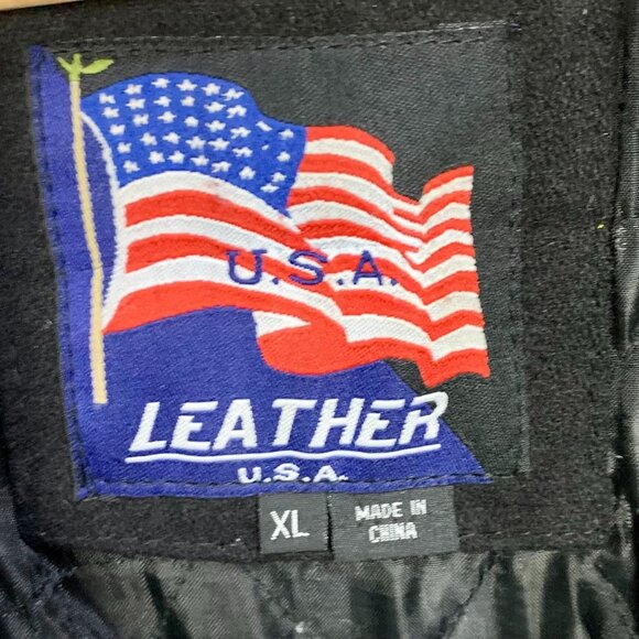 Varsity Letterman Aviator Bomber Jacket XL Black Leather Wool Embroidered Racing - Picture 12 of 14